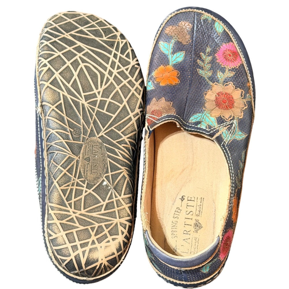 Spring Step LArtiste Loafers Womens 7.5 Navy Leather Floral Delite Slip On Boho